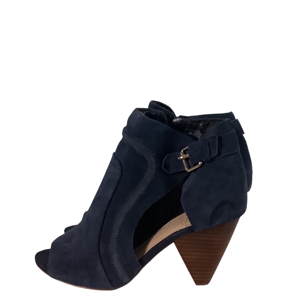 Vince Camuto Navy Blue Suede Peep Toe Ankle Booties Buckle Heel 7.5W 37.5